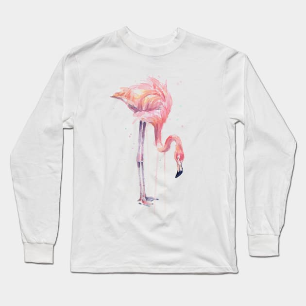 Flamingo Painting Watercolor Long Sleeve T-Shirt by Olechka